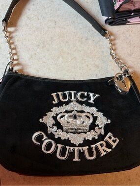 Juicy Couture Black Velour Shoulder Bag with Silver Embroidery